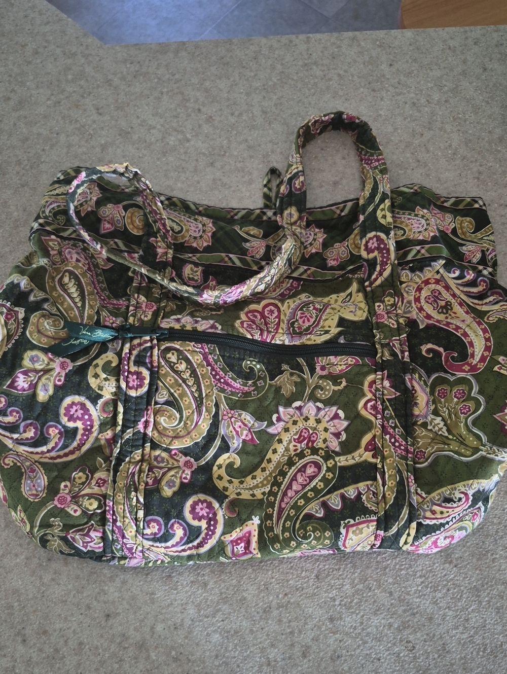 Vera Bradley Olive Paisley Quilted Shoulder Tote with Pink & Gold Accents